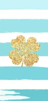 Stylish gold four-leaf clover on turquoise and white striped background wallpaper.