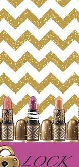 Gold zigzag pattern with lipsticks and lock on wallpaper.