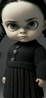 Gothic doll with black dress and braided hair in dark themed wallpaper.