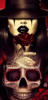 Gothic art wallpaper with skull, dark roses, and mysterious woman.