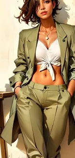 Stylish woman in chic green suit fashion wallpaper.