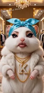 Fashionable hamster with gold jewelry in a boutique setting.