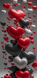 Heart balloons in red, black, and white for a romantic wallpaper.
