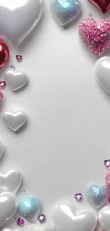 Sparkling pink, red, and white hearts on a phone wallpaper.