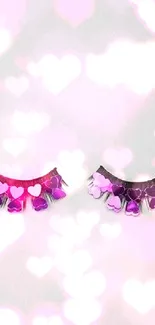 Stylish false eyelashes with purple hearts on a minimalist background.