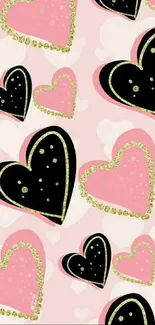 Trendy mobile wallpaper with chic pink and black hearts, accented with gold.