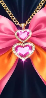 Gold heart necklace on pink ribbon wallpaper.