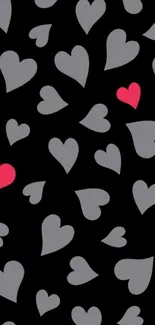 Stylish black wallpaper with grey and red hearts.