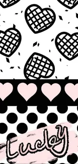 Chic black, white, and pink heart pattern phone wallpaper.