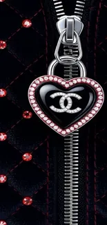 Heart-shaped Chanel zipper on a quilted background.