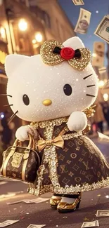 Hello Kitty in fashionable gold and black outfit with dollar bills floating around.