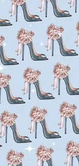 High heels with floral accents on light blue background.