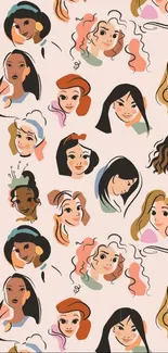 Stylish phone wallpaper with diverse illustrated female faces.