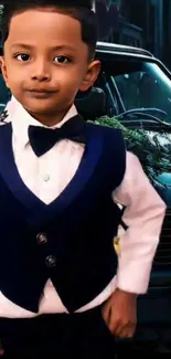 Child in navy suit posing by a vintage car.