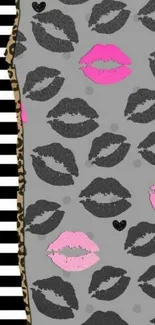 Kiss pattern phone wallpaper with pink accents.