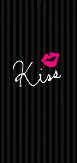 Chic mobile wallpaper with pink kiss on black background.