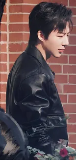 Profile of a person in a leather jacket against a brick wall.