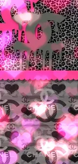 Leopard print wallpaper with pink logo design.