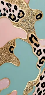 Stylish leopard print mobile wallpaper with gold and teal accents.
