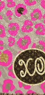 Wallpaper with pink leopard print and gold accent.