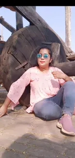 Stylish woman sitting outdoors against rustic wooden wheel.