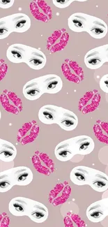 Wallpaper with pink lips and eye masks on a light mauve background.