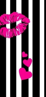 Pink lips and hearts on striped wallpaper