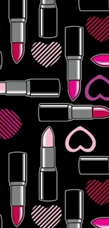 Chic lipstick and hearts mobile wallpaper in pink and black.