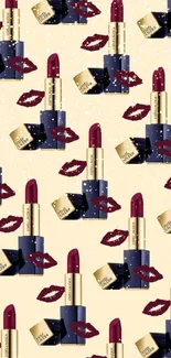 Patterned wallpaper with lipsticks and kisses on beige background.