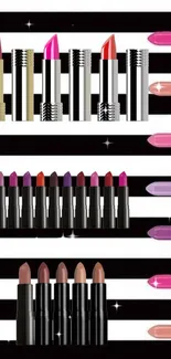 Lipsticks on black and white striped wallpaper design.