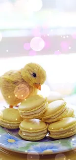 Cute toy duck with yellow macarons on a floral plate.