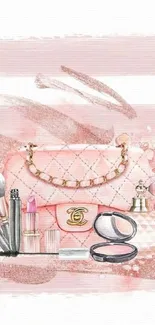 Pink aesthetic mobile wallpaper with makeup and accessories.