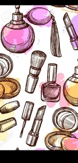 Vintage makeup themed phone wallpaper with cosmetics illustrations.