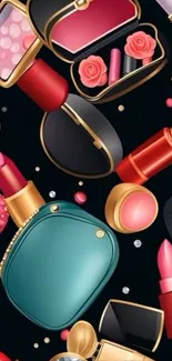 Vibrant cosmetics pattern on dark wallpaper