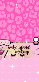 Pink makeup-themed wallpaper with cosmetics and decor.