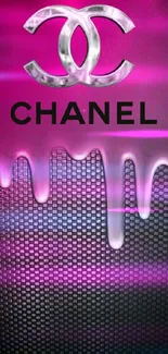 Pink and metallic Chanel logo wallpaper for mobile phones.