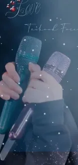 Hands holding glowing blue microphones with an artistic background.