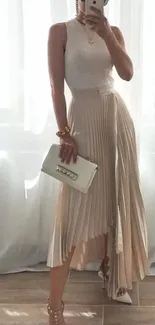 Elegant woman in pleated beige skirt and accessories.