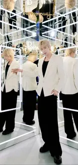 Stylish figure in white blazer with mirrored reflections.