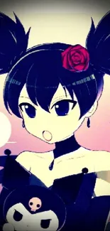 Cute anime girl with dark pigtails and a rose.