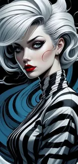 Stylish monochrome wallpaper with dynamic character and bold red lips.