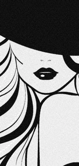 Monochrome wallpaper featuring a stylish woman with a hat and flowing hair.