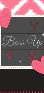 Chic pink and black wallpaper with hearts and 'Boss Up' text.