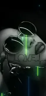 Chic woman in sunglasses with neon love and dark background.