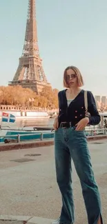 Chic person at Eiffel Tower, Paris scene.