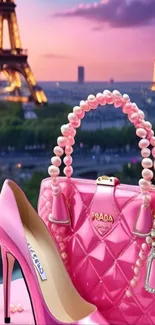 Pink handbag with Eiffel Tower background, stylish mobile wallpaper