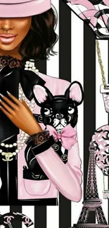 Chic Parisian mobile wallpaper with fashion theme in pink and black colors.