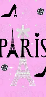 Chic pink Paris wallpaper with Eiffel Tower and fashion elements.