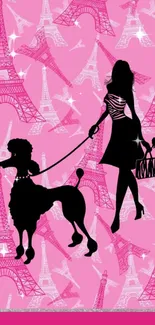 Silhouette of woman and poodle on pink Eiffel Tower background.