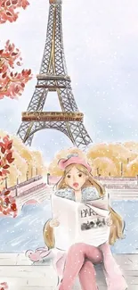 Chic illustration of a girl in Paris near the Eiffel Tower with autumn hues and style.